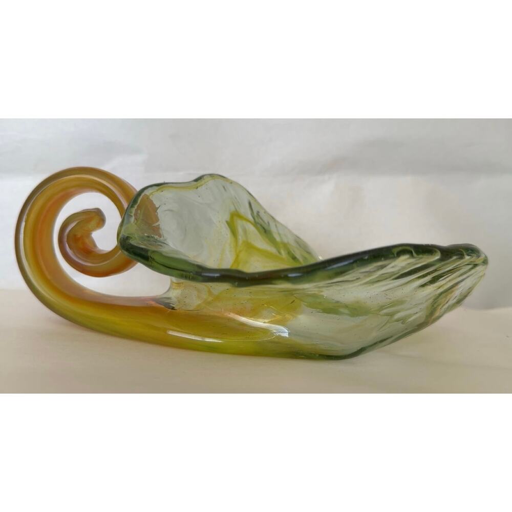 Vintage Hand Blown Art Glass Cornucopia Green Multicolor
